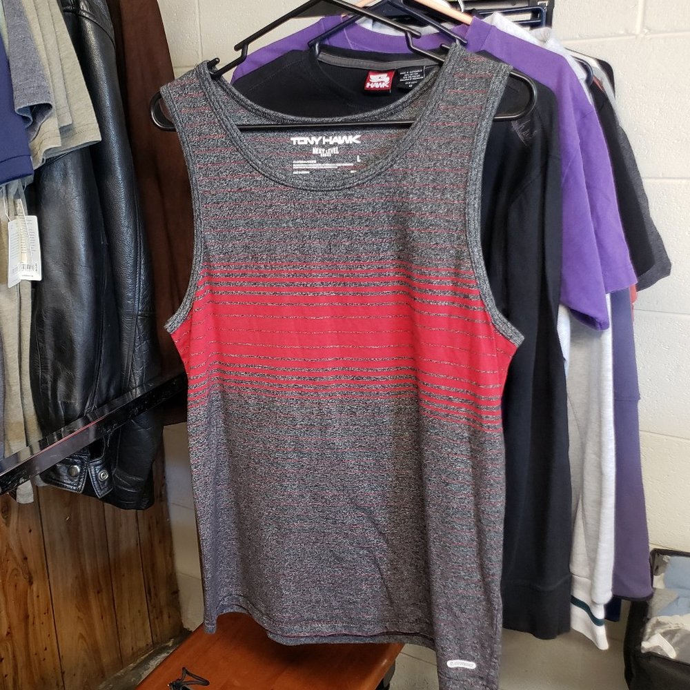 Tony Hawk ~ Tank Top Shirt~ Large ~ Gray Red Striped ~ Next Level Series